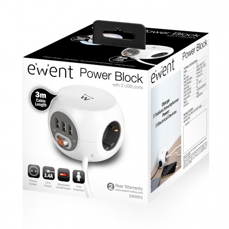 Ewent EW3953 Power Block 3-Voudig + 3x USB Wit